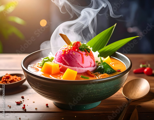 Steaming bowl of exotic and spicy curry with sweet mango, uniquely topped with a scoop of pink ice cream