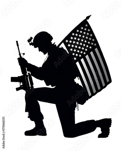 Silhouette of kneeling soldier with rifle and american flag on a black background design art