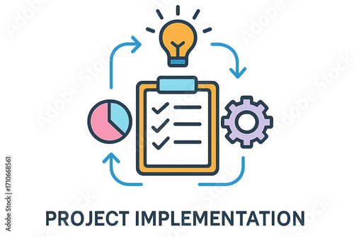 Project implementation workflow with checklist, light bulb, and gears project implementation diagram