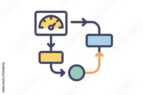 Flowchart design illustrating process with gauge and directional arrows dashboard flow diagram