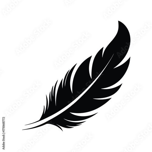 Detailed single black feather rests gracefully against a solid white background cleanly