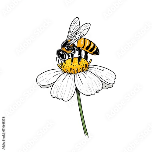 Artistic bee line drawing illustration with floral elements