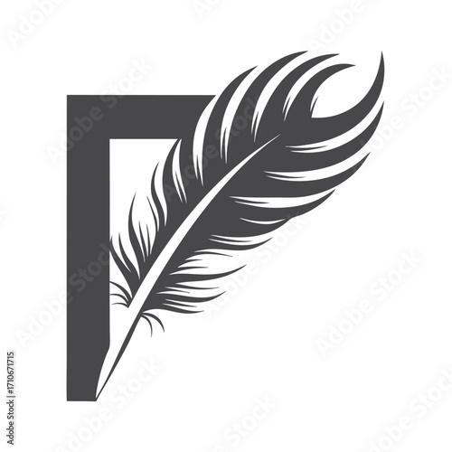 Elegant dark gray letter R gently merges into a plume of exquisite detailed feather