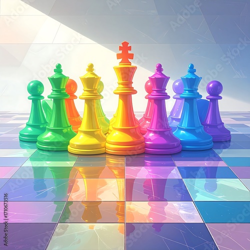 Colorful chess pieces arranged on a vibrant, rainbow-hued chessboard