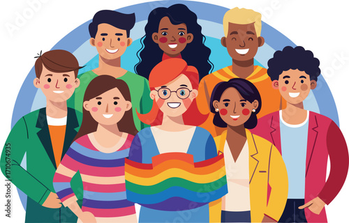 Vector art of diverse group of people standing together in support of lgbtq community and pride month celebration