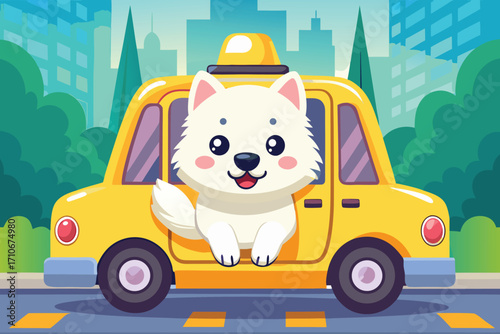 Vector art of cute white dog riding in a yellow taxi cab through the city on a bright and sunny day
