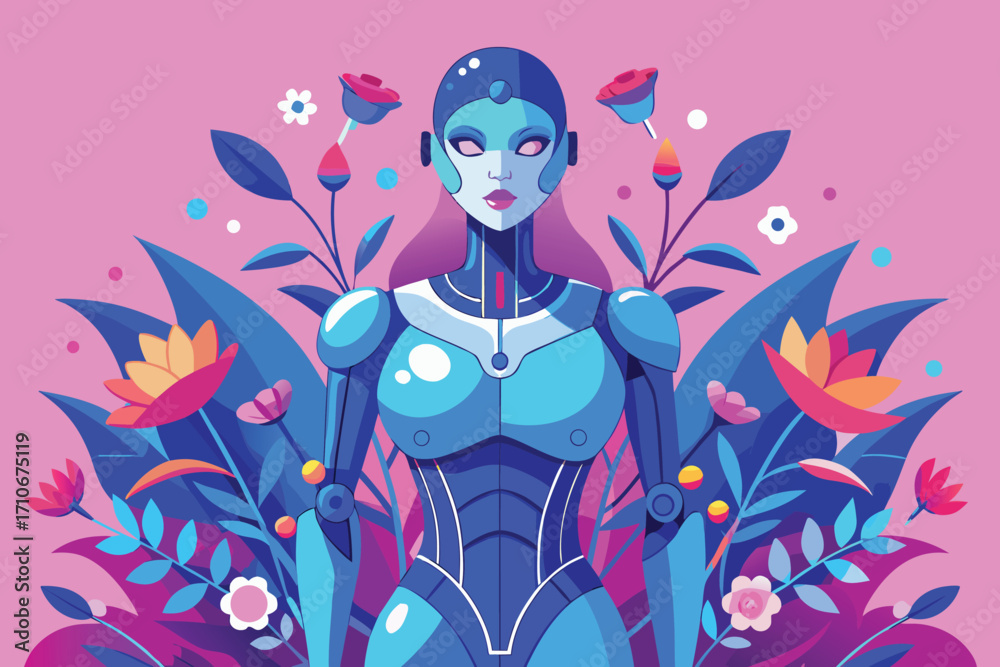 Obraz premium Vector art of beautiful robot woman with flowers and leaves against a pink background illustration art