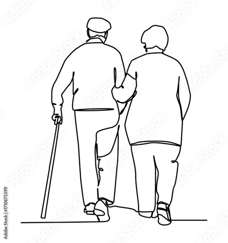 Elderly couple in continuous one  line drawing style. Senior man and woman walking together holding hands.