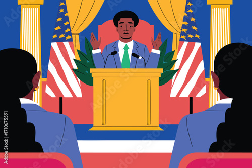 Vector art of a man giving a speech at a podium with american flags and curtains behind him and people listening to him
