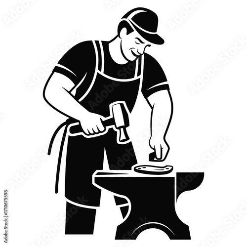 Blacksmith shoeing a horse hammering horseshoe on anvil silhouette vector isolated in black and white