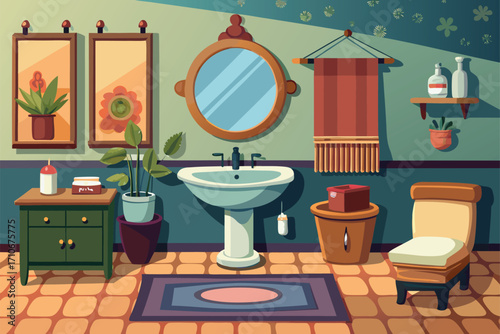 Vector art of a charming pixel art bathroom scene featuring a sink, mirror, plants, and furniture in a cozy setting