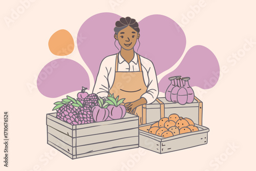 Vector art of a cheerful vendor stands behind crates overflowing with fresh produce at a vibrant farmers market stall
