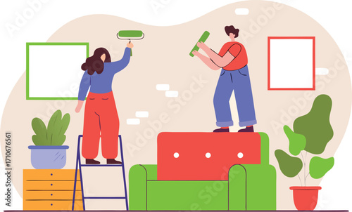 Couple Painting a Wall Together at Home