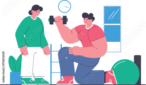 Personal trainer assisting with dumbbell exercise