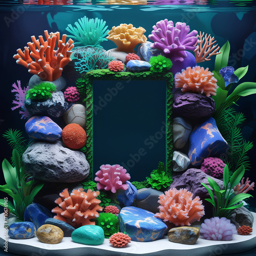 A vibrant underwater frame of coral, rocks, and plants with a deep navy background. The mockup with organic textures  are perfect for marine-themed presentations or banner.