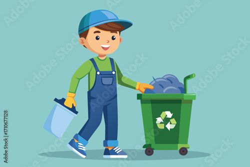 Vector art of a young boy in overalls and a cap is taking out the trash in a green bin with a recycling symbol