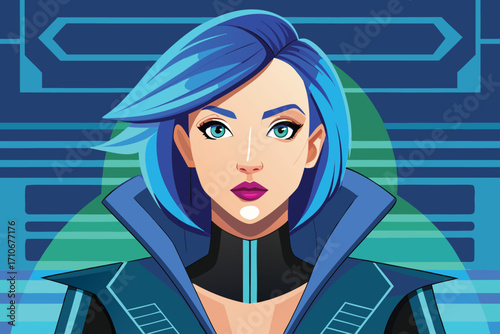 Vector art of a futuristic woman with blue hair and a high collar is looking forward with a serious expression