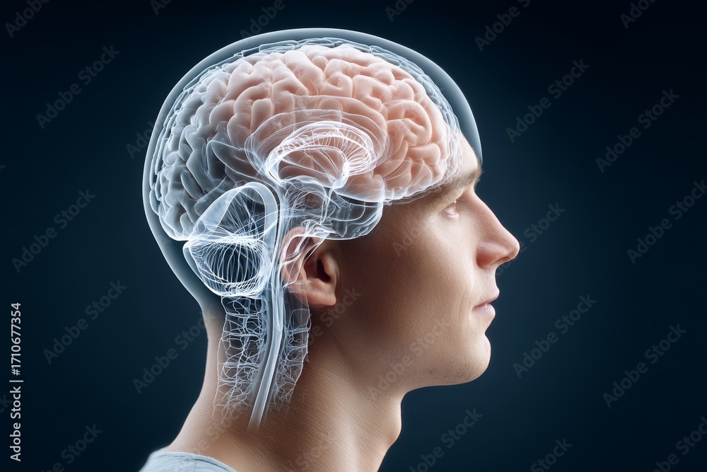 Obraz premium Male adult caucasian profile with transparent brain anatomy illustration
