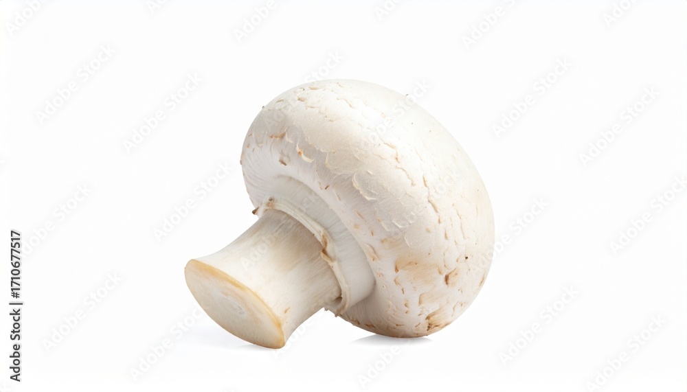 Fototapeta premium Render a single white button mushroom with smooth cap and clean-cut stem, positioned horizontally, isolated on white background, emphasizing edible morphology, organic texture, and culinary simplicity