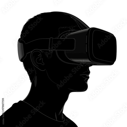 Man wearing virtual reality headset silhouette isolated on white background