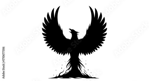 Black phoenix silhouette rising from flames isolated on white background