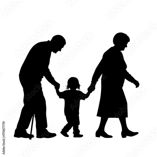 Grandparents walking with child silhouette isolated on white background