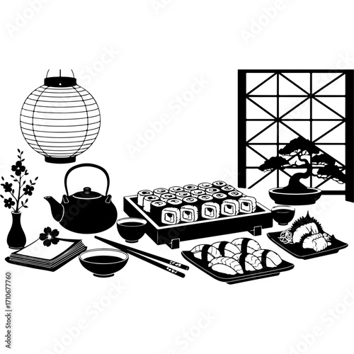 A monochrome vector illustration of a lavish sushi dinner set. The scene features various types of sushi and nigiri on plates, chopsticks, a teapot, a traditional lantern, and a Japanese-style paper s