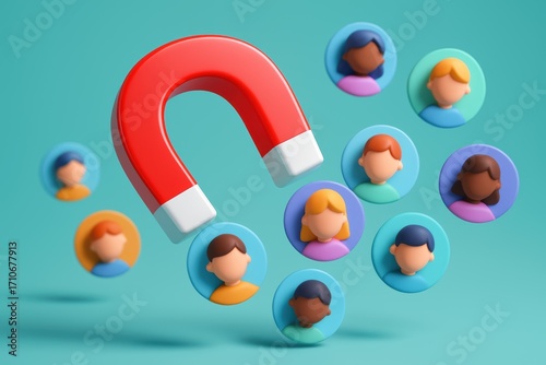 Magnet and People: A striking visual of a bold red magnet attracting diverse profile icons against a refreshing background, representing the powerful concept of attraction, engagement.