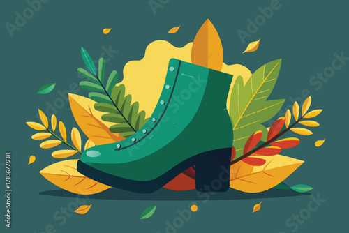 Vector art of stylish green ankle boot surrounded by autumn leaves, a perfect footwear choice for the fall season fashion trend