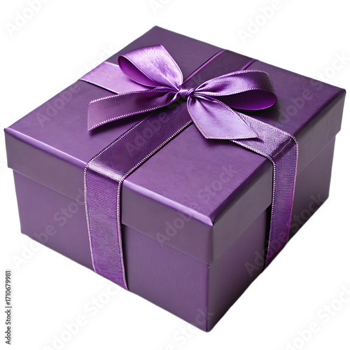A purple gift box with a matching ribbon tied in a bow sitting on a black background in a studio shot