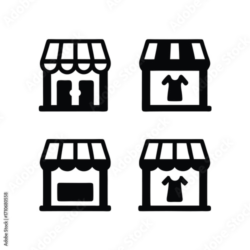 Four simplistic shop icon variations showcase different store offerings or availability