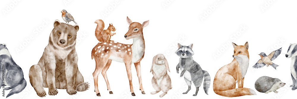 custom made wallpaper toronto digitalWatercolor seamless Border with Woodland Animals including bear, deer, fox, raccoon, hare, squirrel, birds, badger and hedgehog. Forest Pattern for nursery wallpaper or childish banner in fall colors.