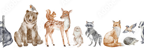 Watercolor seamless Border with Woodland Animals including bear, deer, fox, raccoon, hare, squirrel, birds, badger and hedgehog. Forest Pattern for nursery wallpaper or childish banner in fall colors.