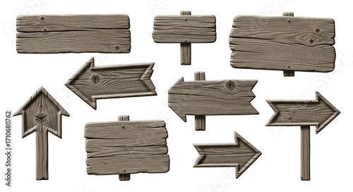 Collection of Rustic Wooden Signs and Arrows.