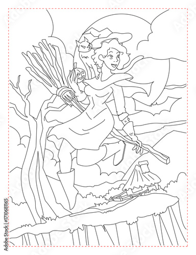 Mysterious Witch with a Cauldron Coloring Page: Spooky Fantasy Art