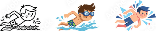 Cartoon boy swimming, water activity, swimmer character, kids in pool, fun aquatic sport, summer recreation, vector illustration, children's play