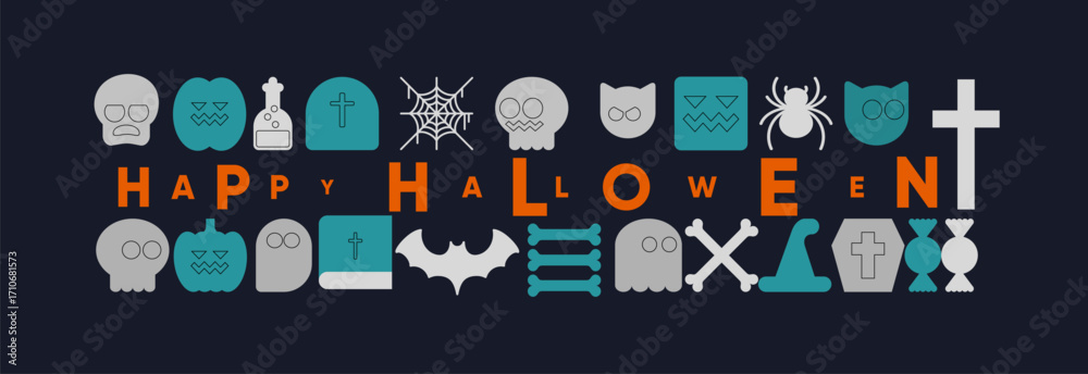 This Halloween-themed image features a playful arrangement of icons and letters spelling 'Happy Halloween.' The design includes skulls, pumpkins, bats, spiders, and crosses, all in a vibrant color