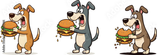 Cartoon dog eating burger, funny animal character, hungry pet, fast food, happy dog, children's illustration, vector art, playful wildlife