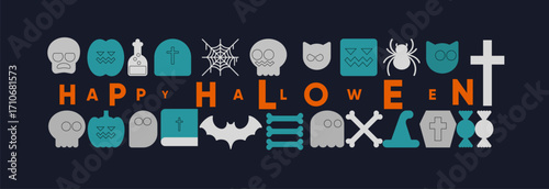 This Halloween-themed image features a playful arrangement of icons and letters spelling 'Happy Halloween.' The design includes skulls, pumpkins, bats, spiders, and crosses, all in a vibrant color