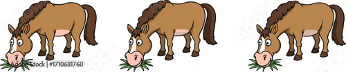 Cartoon horse illustration, cute farm pony drawing, funny livestock character, countryside animal eating grass, domestic horse artwork, agriculture animal design, vector