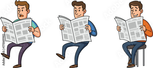 Cartoon man reading newspaper, daily news, morning paper, news reader, information concept, media consumption, reading habit, current events