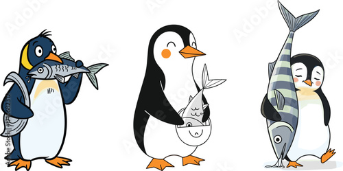 Cartoon penguin holding fish illustration, funny arctic bird drawing, cute marine animal vector, antarctic wildlife clipart, adorable ocean character design