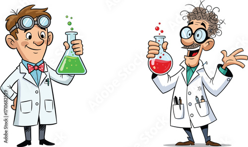 Cartoon scientists holding beakers, chemistry experiment, lab research, science fun, scientist characters, educational illustration, STEM learning, funny chemist