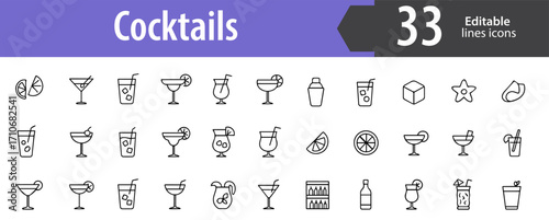 Cocktails Line Icons, Martini, Glass, Mojito, Beverage, Bar and Party Drink Symbols, Editable Formats: AI, EPS, JPG, PNG, Ideal for Both Digital and Print Use
