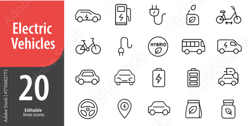 Electric Vehicles Line Icons, Car, Charging Station, Battery, Eco Transport Symbols, Green Mobility, Editable Formats: AI, EPS, JPG, PNG, Ideal for Both Digital and Print Use
