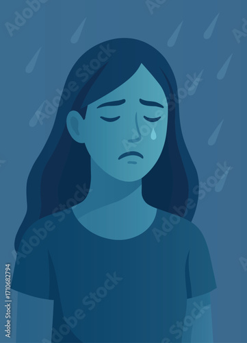 Sad woman in the rain, illustration of emotional distress and sadness