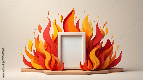 Creative paper cut fire frame with blank canvas on pedestal display