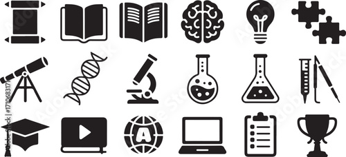 Education and Science Icons Set Keywords: education, science, learning, knowledge, research