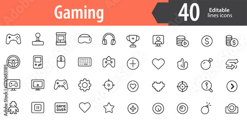 Gaming Line Icons, Joystick, Gamepad, Console, Computer, Esports Symbols, Entertainment and Play, Editable Formats: AI, EPS, JPG, PNG, Ideal for Both Digital and Print Use
