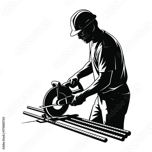Construction worker cutting rebar with circular saw silhouette vector isolated in black and white